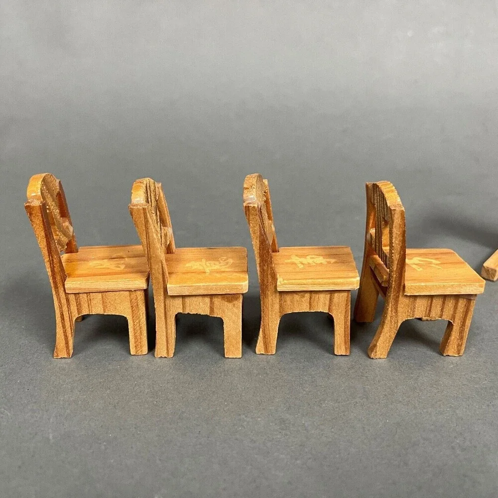 Wooden Dining Table with 4 Chairs Brown Doll House Toy Furniture Lot of‎ 5